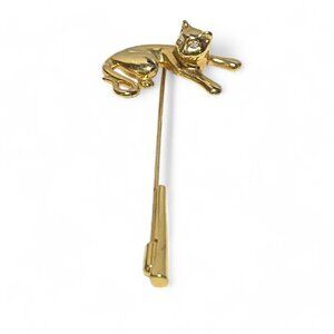 Vintage Gold-Tone Cat Themed Hat Pin With Clear Crystal Rhinestone Eyes 2"
